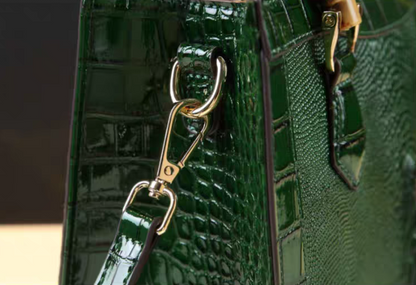 Bamboo-Handled Embossed Alligator Leather Handbag