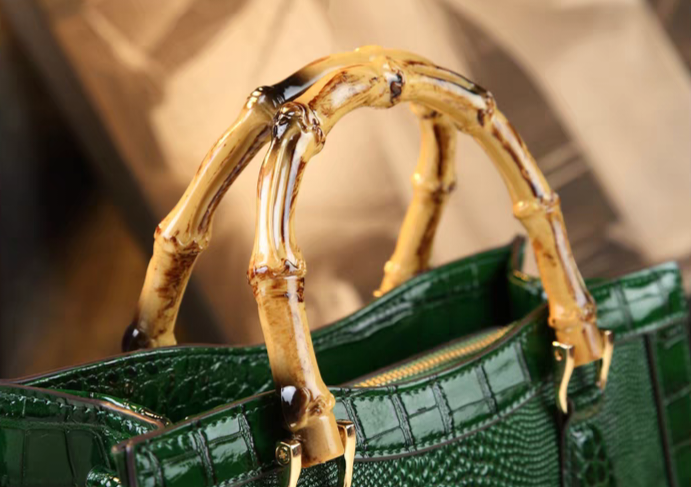 Bamboo-Handled Embossed Alligator Leather Handbag