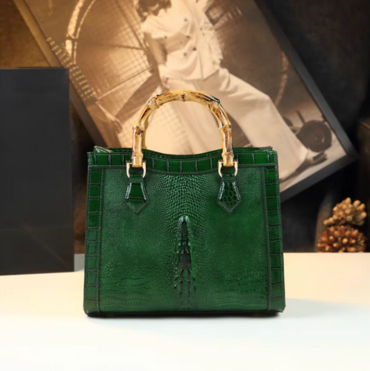 Bamboo-Handled Embossed Alligator Leather Handbag