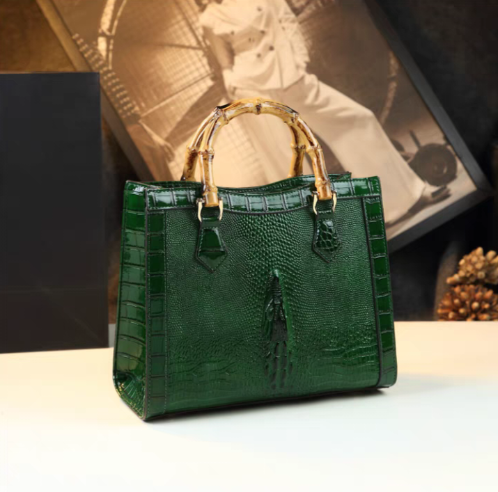 Bamboo-Handled Embossed Alligator Leather Handbag