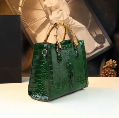 Bamboo-Handled Embossed Alligator Leather Handbag