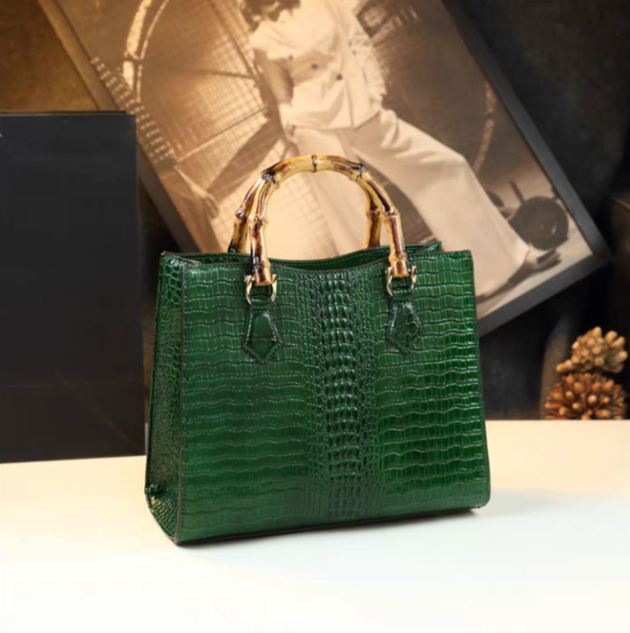 Bamboo-Handled Embossed Alligator Leather Handbag