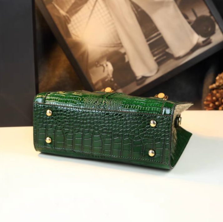 Bamboo-Handled Embossed Alligator Leather Handbag