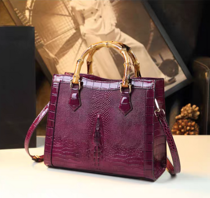 Bamboo-Handled Embossed Alligator Leather Handbag