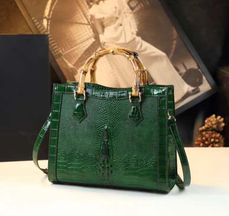 Bamboo-Handled Embossed Alligator Leather Handbag