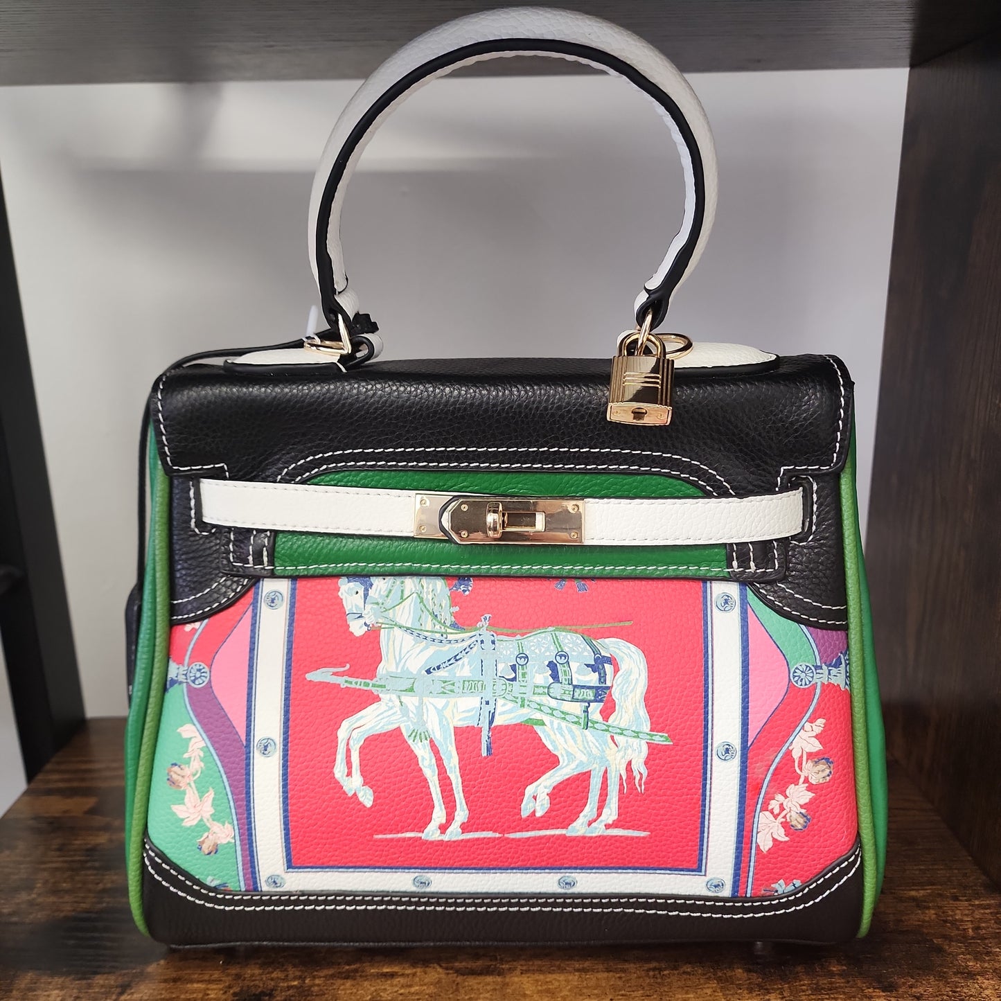 Genuine Leather Medium Handbag with Horse Print