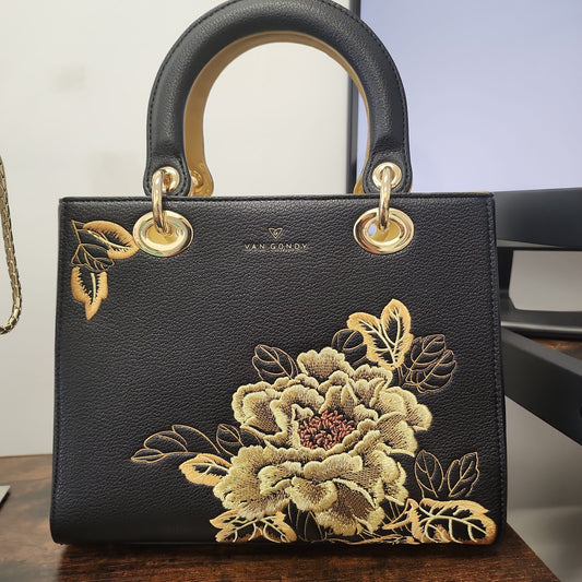 Seiko Embroidery Golden Peony Genuine Leather Handbag