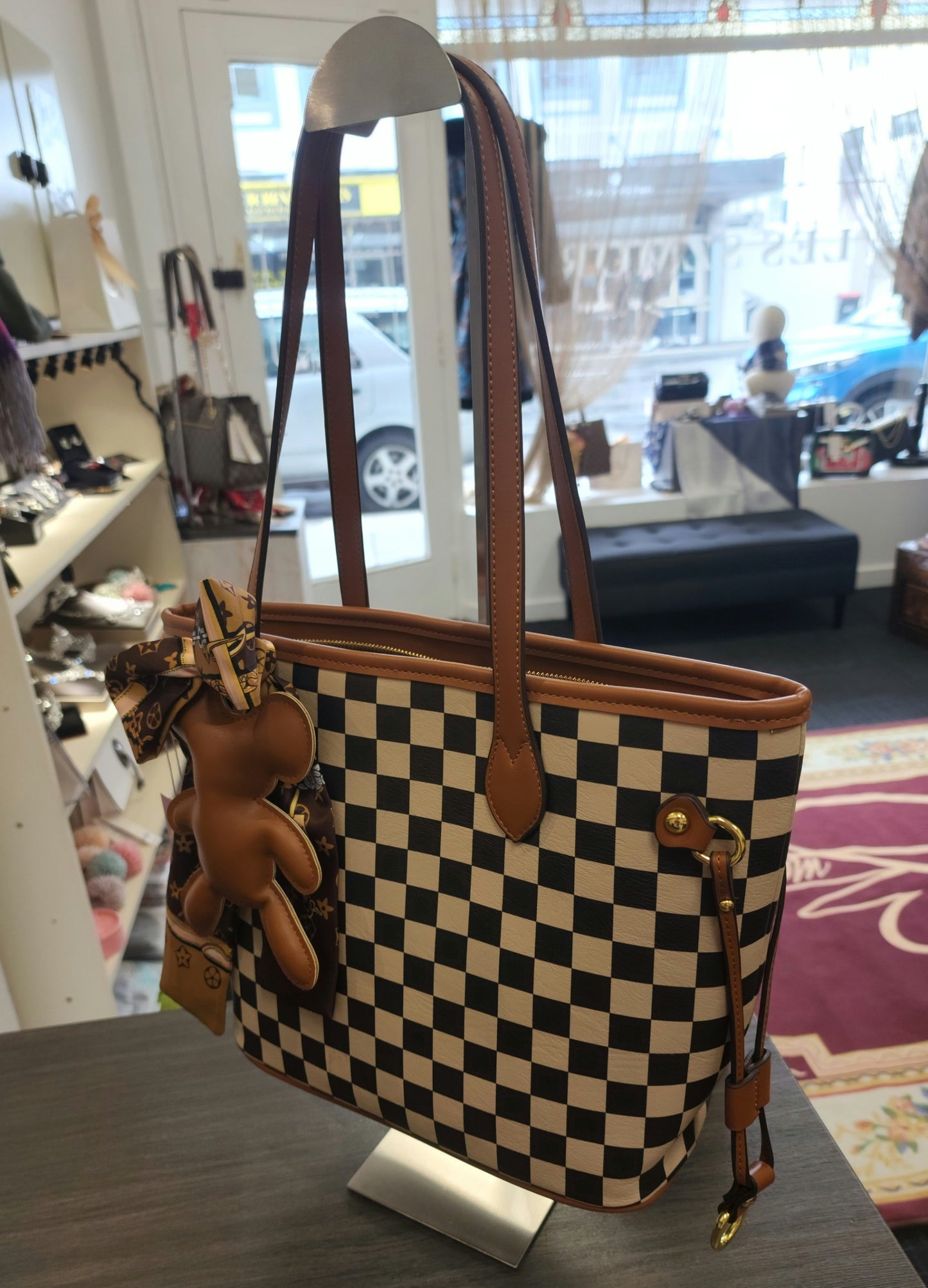 Chess Checkered Black n White Leather Medium Tote Bag