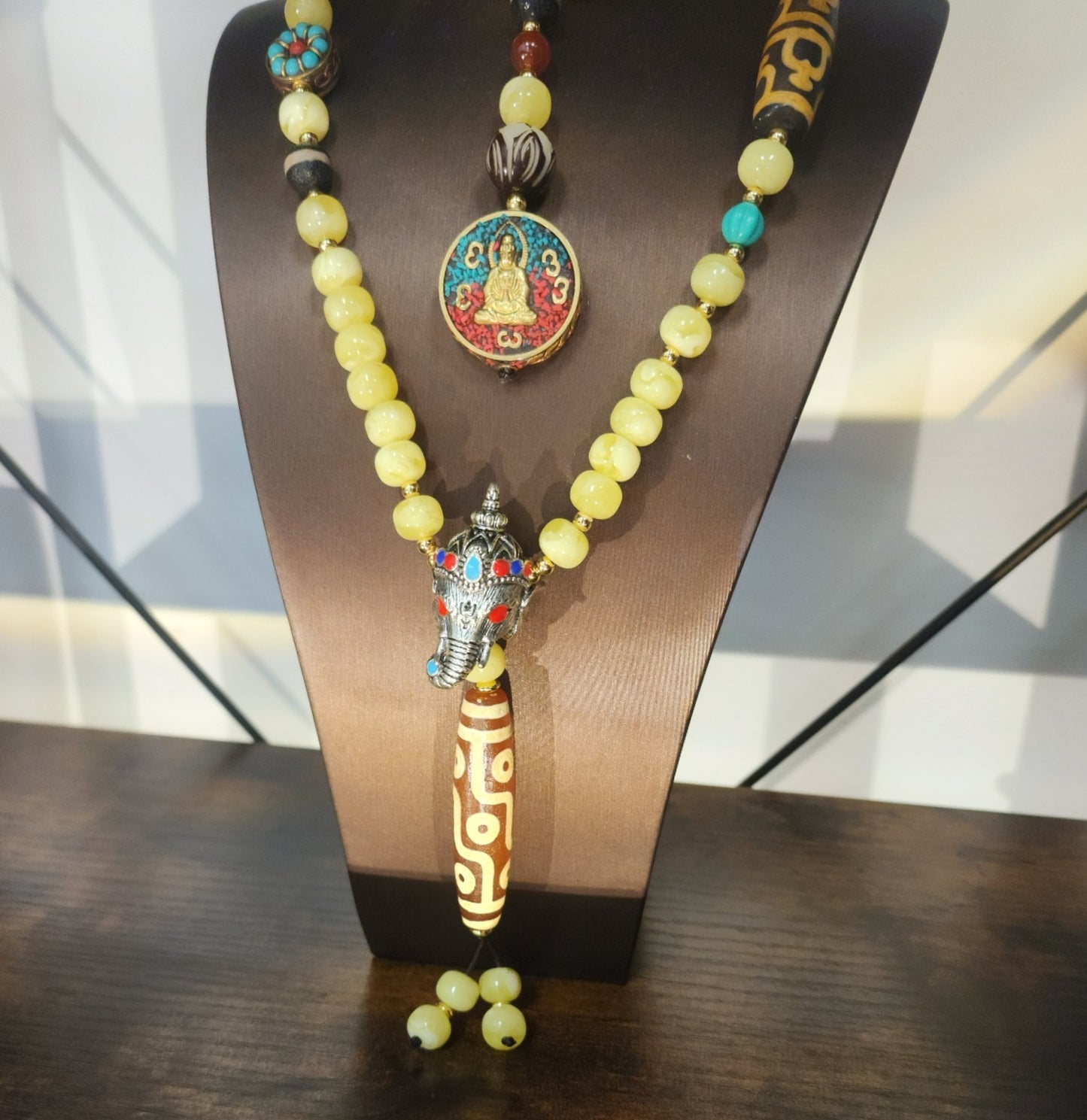 Tibetan Dzi Trinity Amulet | Ganesha Protector | Burmese Amber Beaded Long Necklace