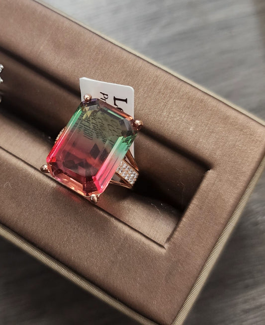 Watermelon Premium Crystal | Emerald Cut | Sterling Silver Adjustable Ring