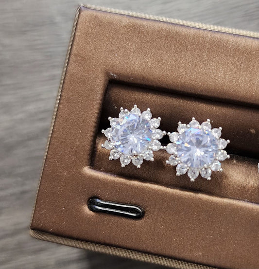 Diamond White Premium Crystal | Flower Shaped | Silver-Toned Plated Stud Earrings