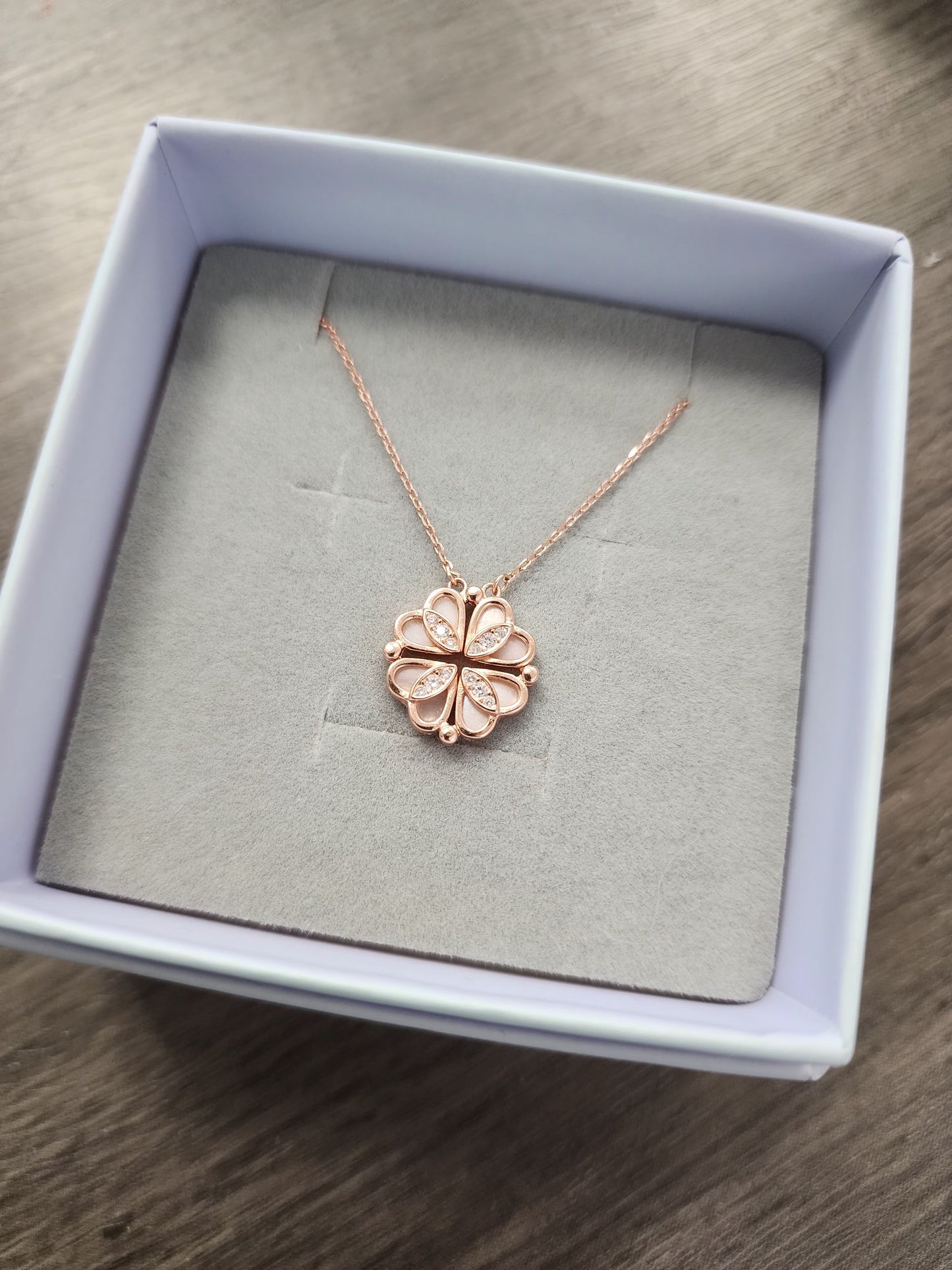 Shell with Premium Crystal | Four Heart (Open) Clover | Rose-Gold Plated Pendant