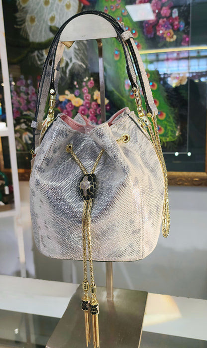 Geniune Leather Suede Snakeskin Pattern Prints Silver Bucket Bag