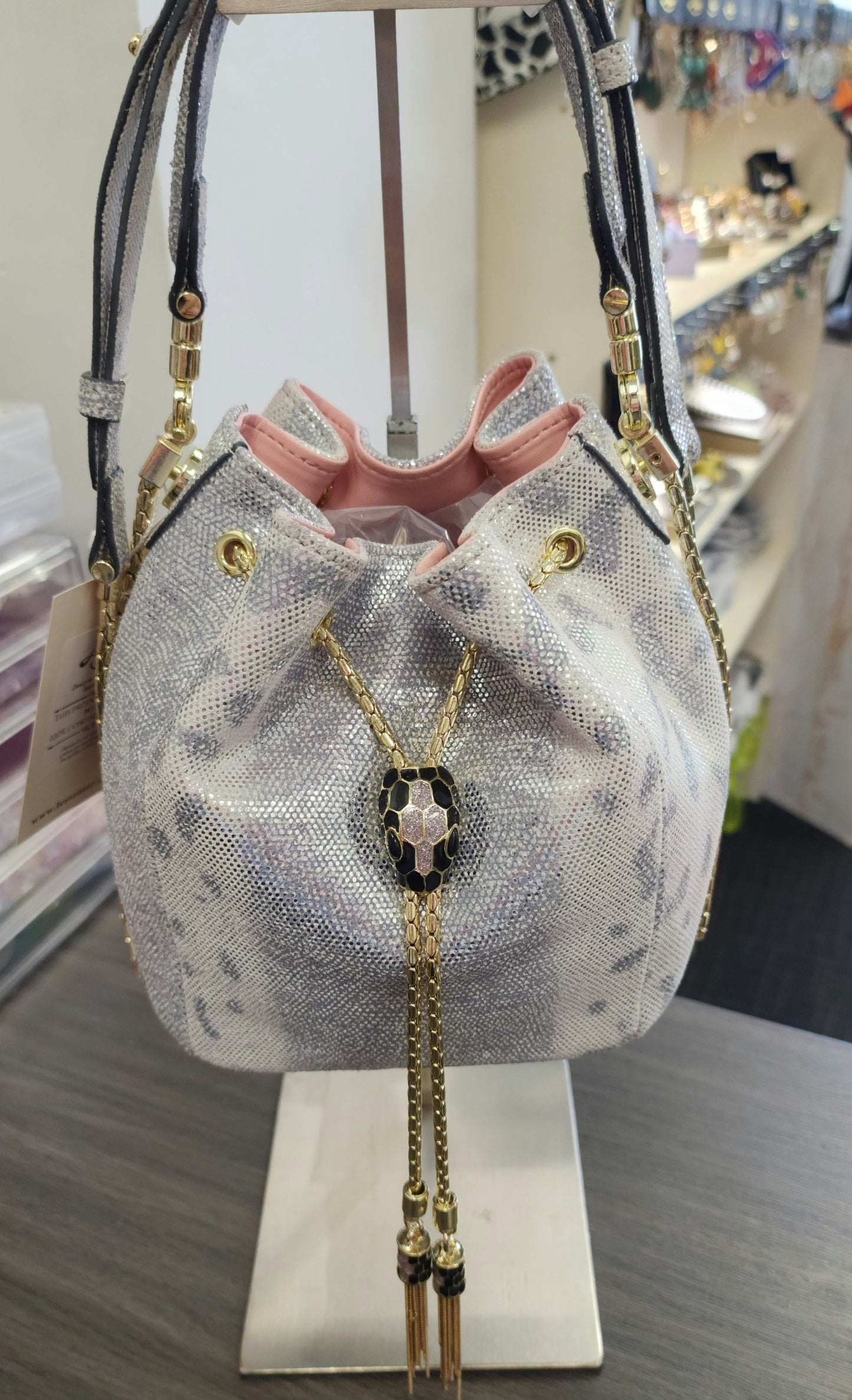 Geniune Leather Suede Snakeskin Pattern Prints Silver Bucket Bag