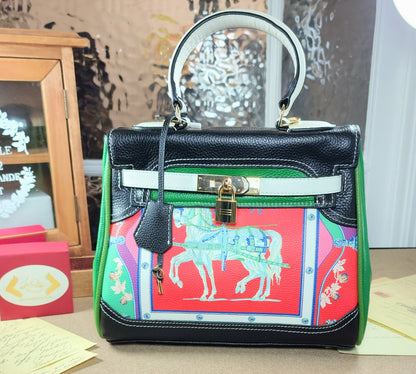 Genuine Leather Medium Handbag with Horse Print