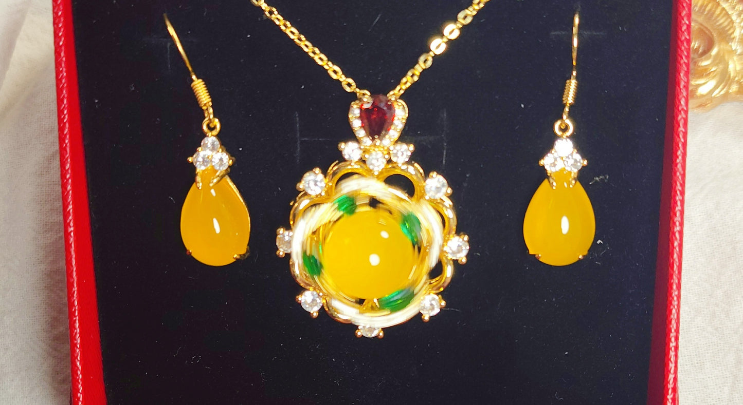 Natural Jade Rotating | Royal Yellow | Premium Crystal and Gold-Toned Plated Pendant-Earrings Set