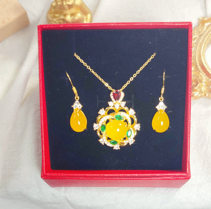 Natural Jade Rotating | Royal Yellow | Premium Crystal and Gold-Toned Plated Pendant-Earrings Set