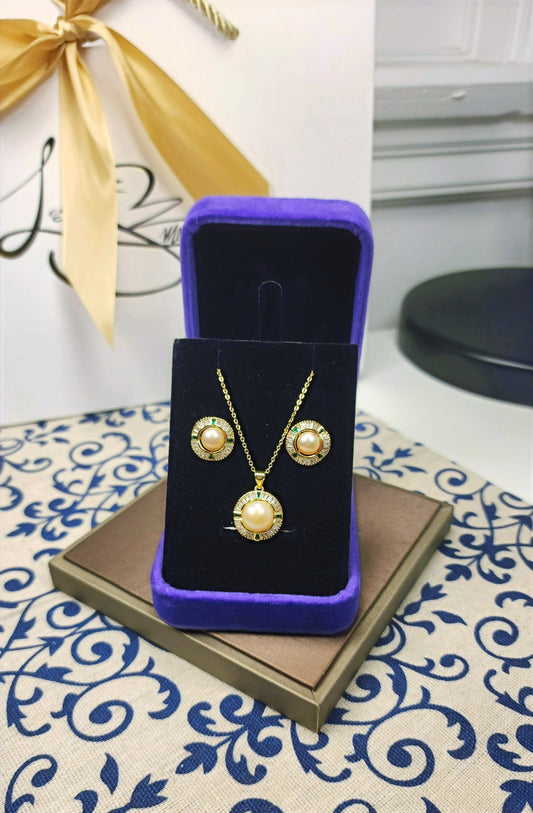 Golden Peach Button Pearl | Premium Crystal | Gold-Toned Plated Pendant-Earrings Set