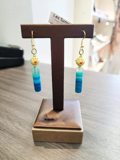 Icy Blue Agate | Cylindrical | Gold-Toned Plated Earrings