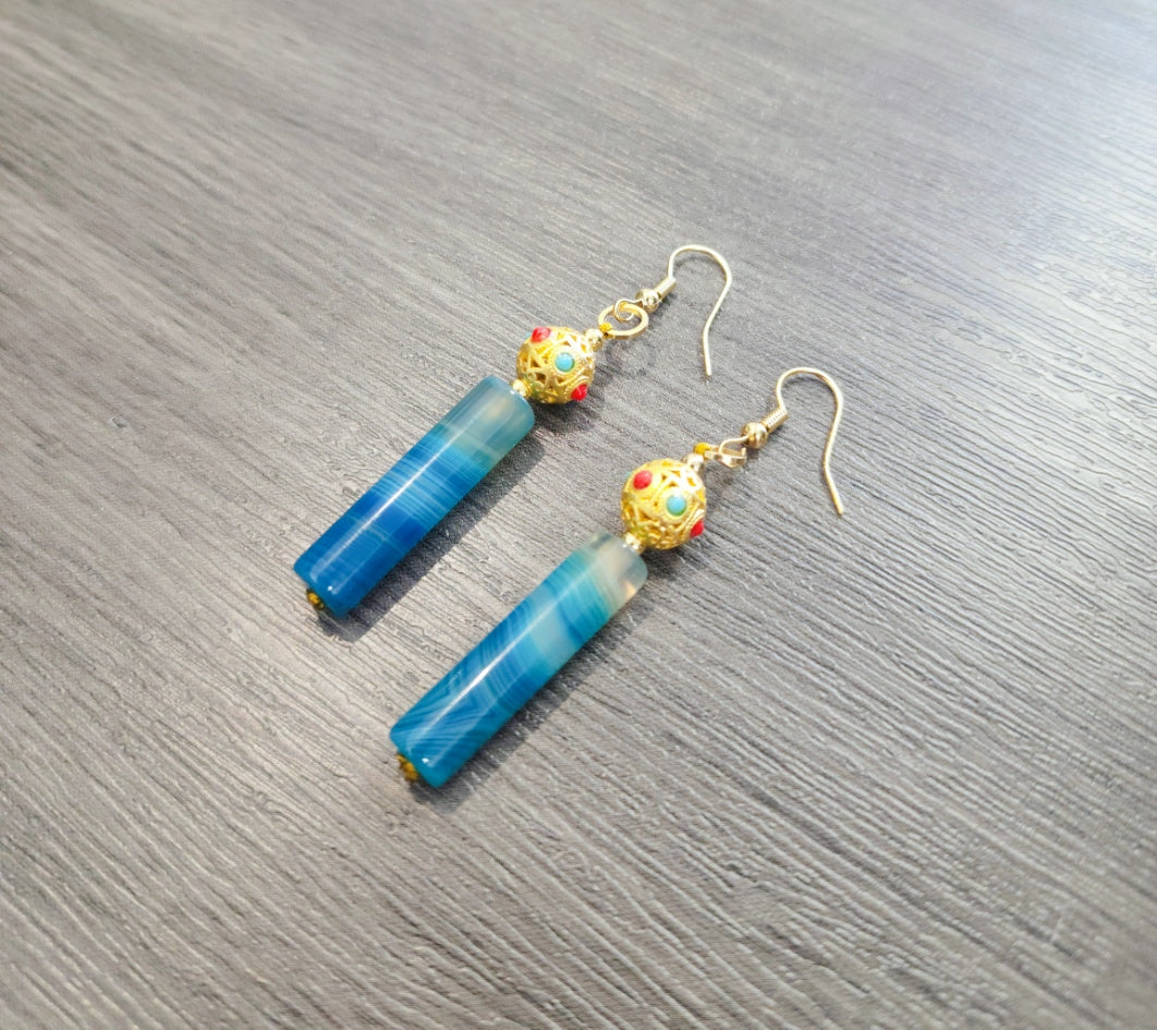 Icy Blue Agate | Cylindrical | Gold-Toned Plated Earrings