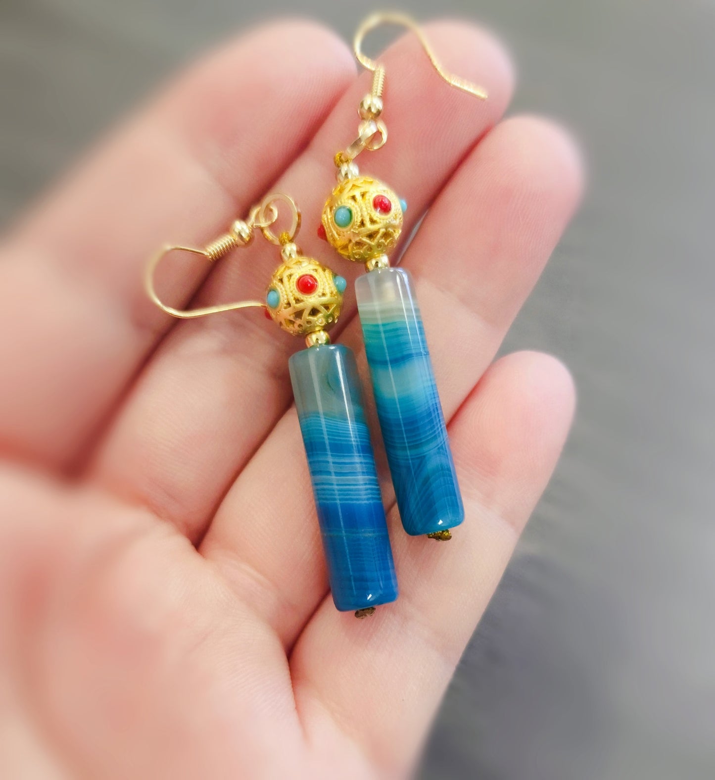 Icy Blue Agate | Cylindrical | Gold-Toned Plated Earrings