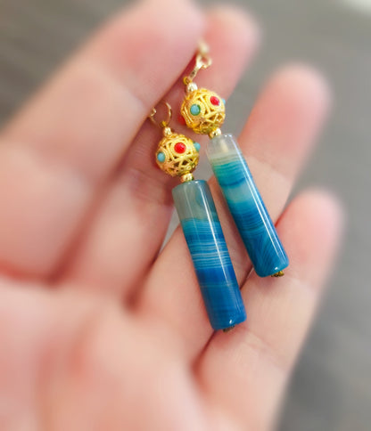 Icy Blue Agate | Cylindrical | Gold-Toned Plated Earrings