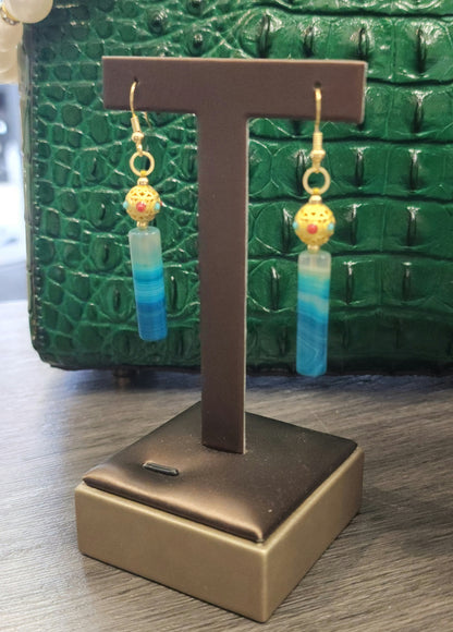 Icy Blue Agate | Cylindrical | Gold-Toned Plated Earrings