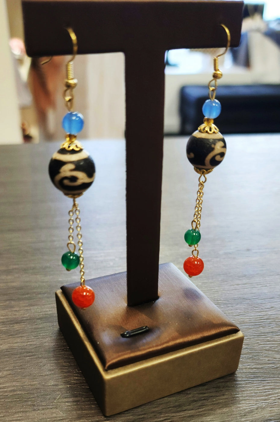 Tibetan Dzi RuYi & Jade | Black Dzi | Gold-Toned Plated Tassel Earrings