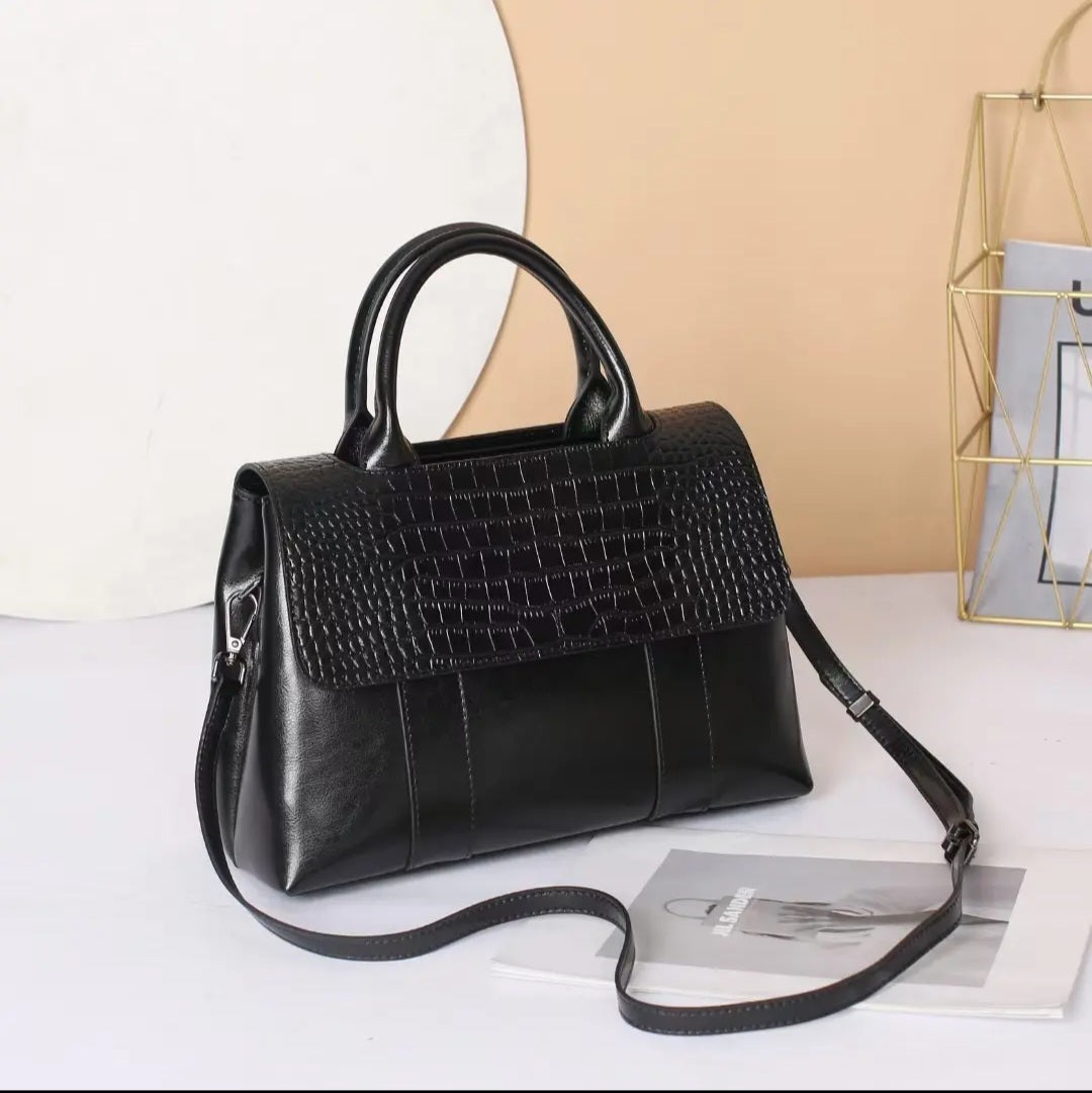 Genuine Leather with Embossed Crocodile Leather Pattern Large Handbag