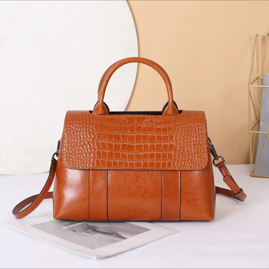 Genuine Leather with Embossed Crocodile Leather Pattern Large Handbag