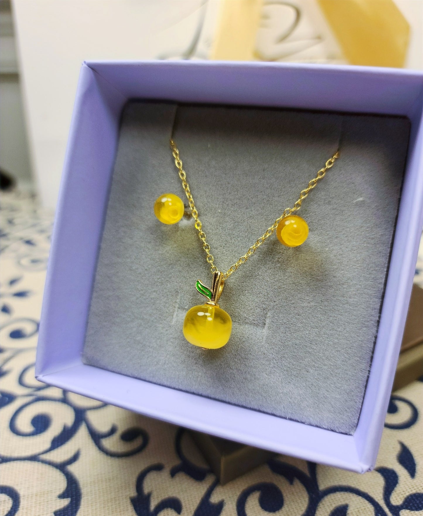 Amber | Honey Wax | Gold-Toned Plated Small Pendant-Stud Earrings Set