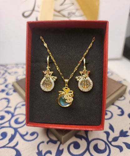 Lucky Charm Money Bag Pendant & Earrings Set with Gold-Tone Finish