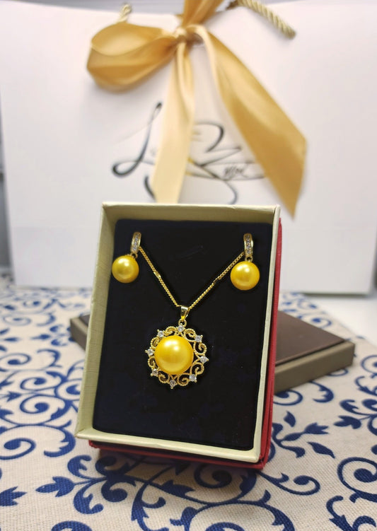 Golden Yellow Rounded Shell Pearl | Crystal | Gold-Toned Plated Pendant-Earrings Set