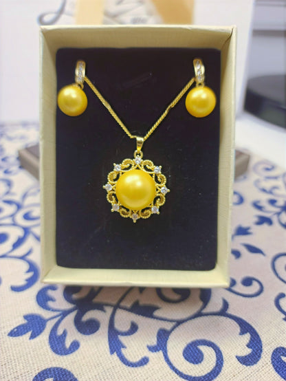 Golden Yellow Rounded Shell Pearl | Crystal | Gold-Toned Plated Pendant-Earrings Set