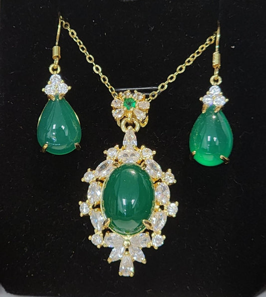 Natural Jade Oval | Apple-Green | Premium Crystal and Gold-Toned Plated Pendant-Earrings Set