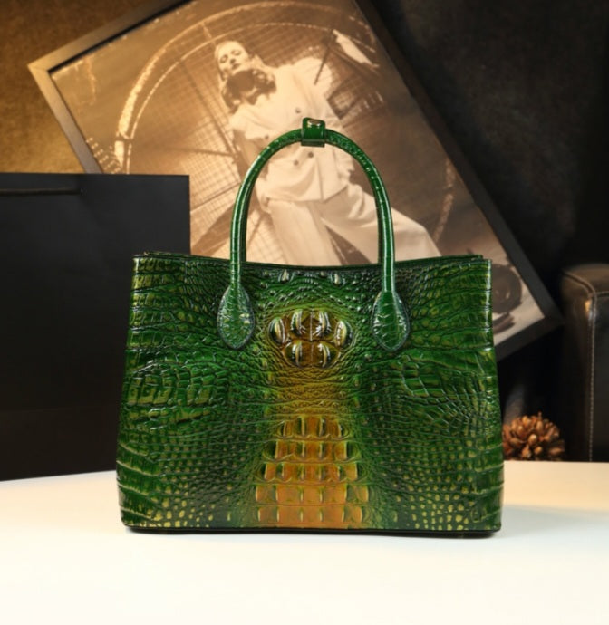 Embossed Genuine Leather w Crocodile Leather Patterns Handbag