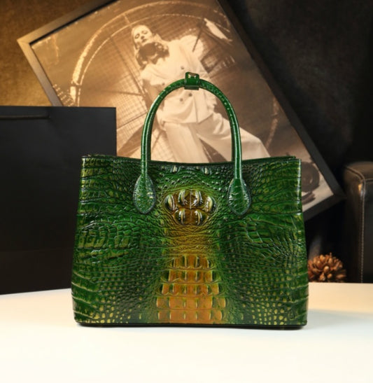 Embossed Genuine Leather w Crocodile Leather Patterns Handbag