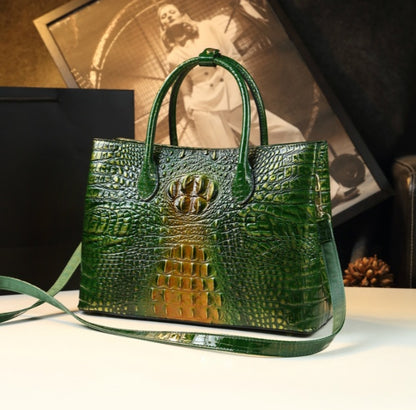 Embossed Genuine Leather w Crocodile Leather Patterns Handbag