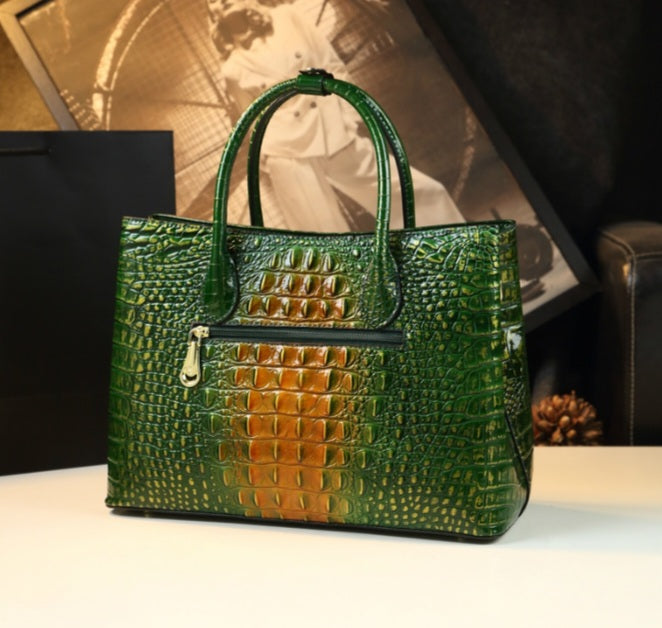 Embossed Genuine Leather w Crocodile Leather Patterns Handbag