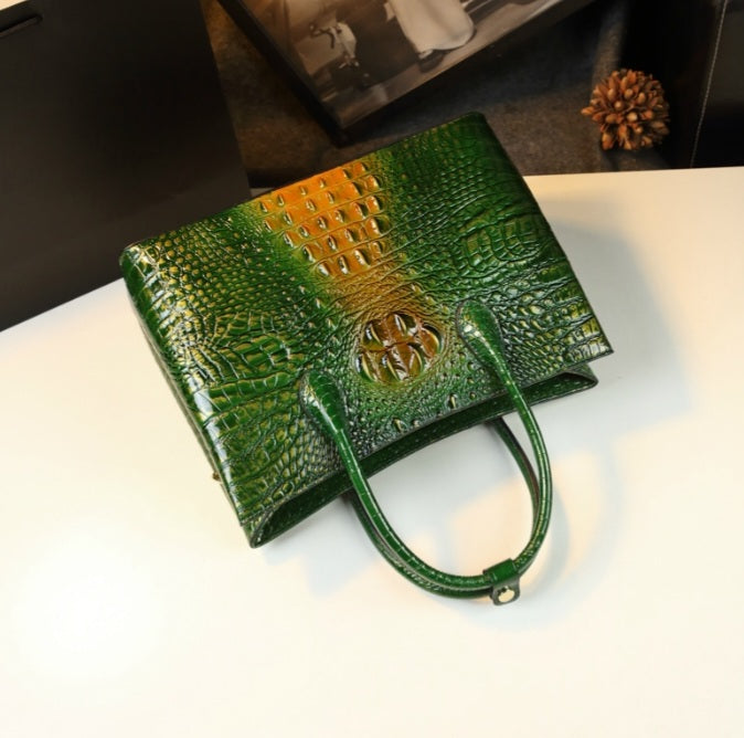 Embossed Genuine Leather w Crocodile Leather Patterns Handbag