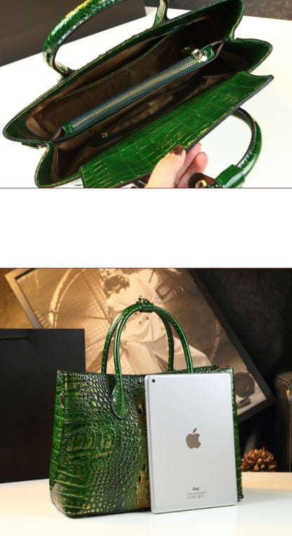 Embossed Genuine Leather w Crocodile Leather Patterns Handbag