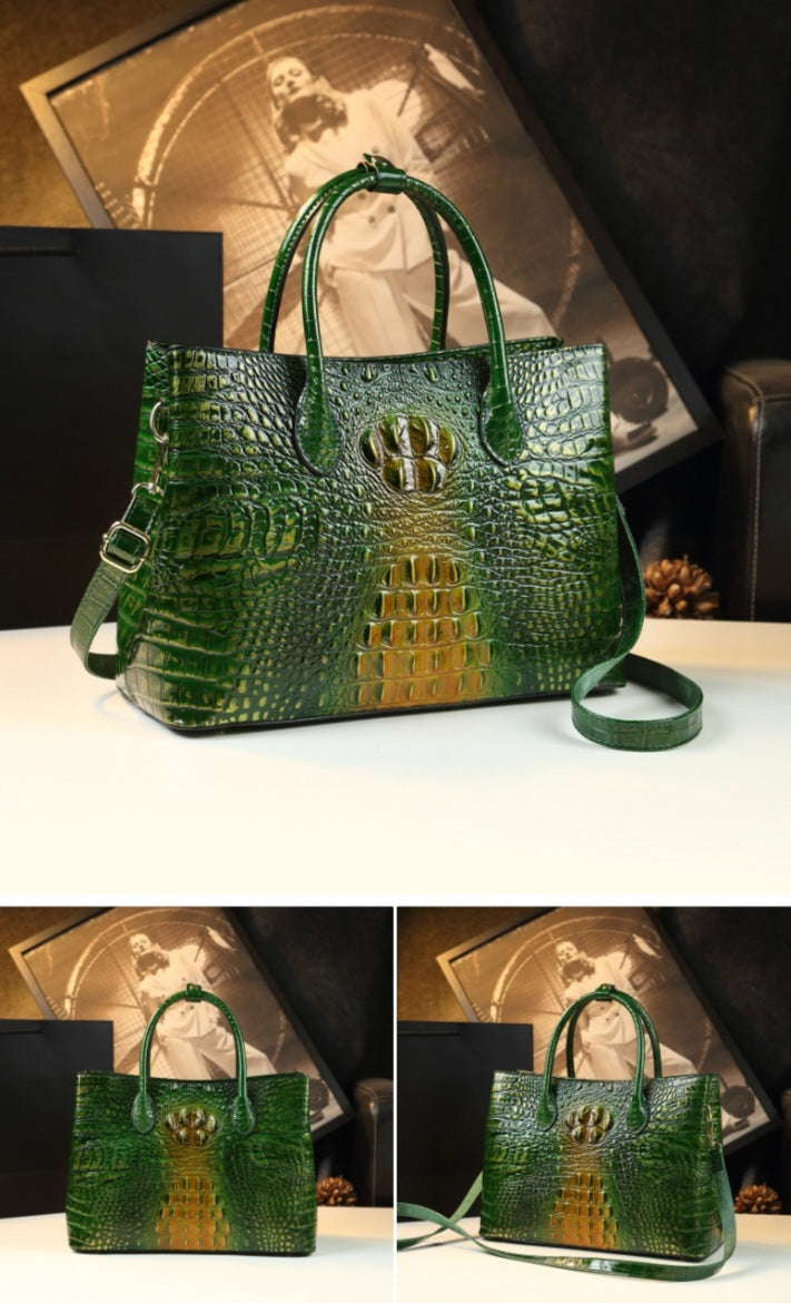 Embossed Genuine Leather w Crocodile Leather Patterns Handbag