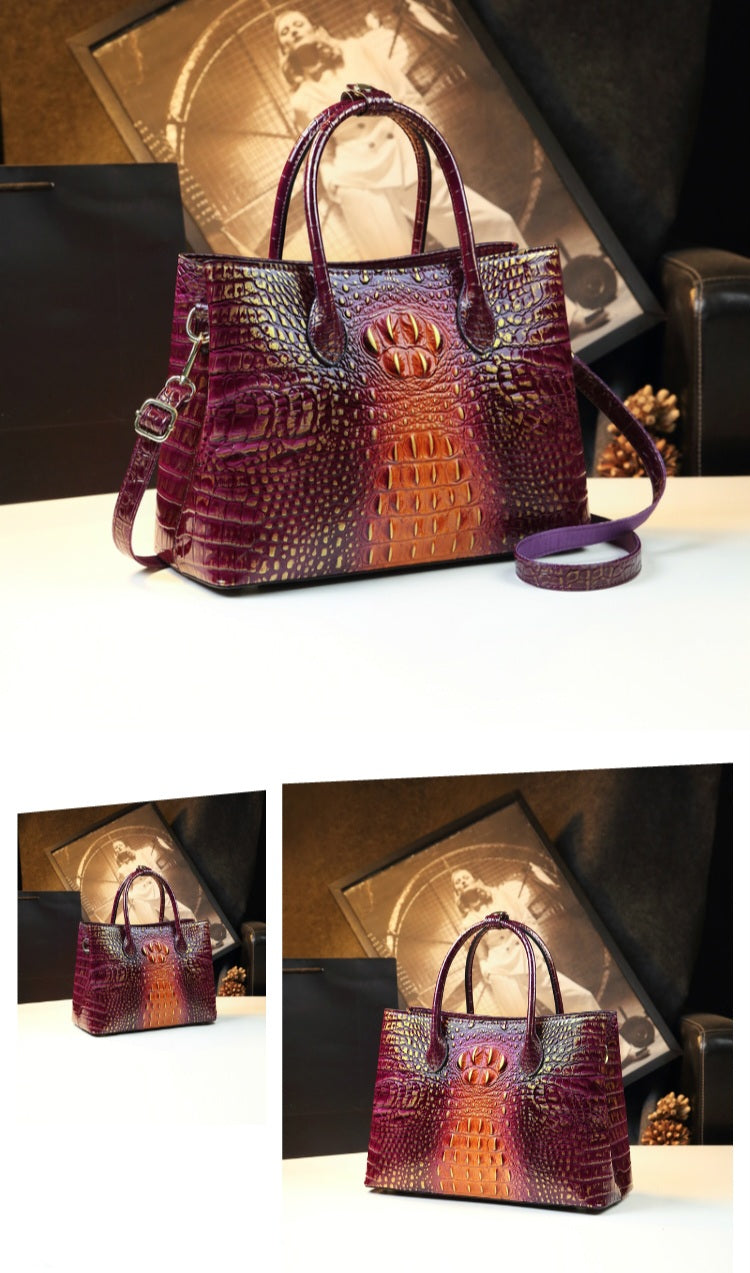 Embossed Genuine Leather w Crocodile Leather Patterns Handbag