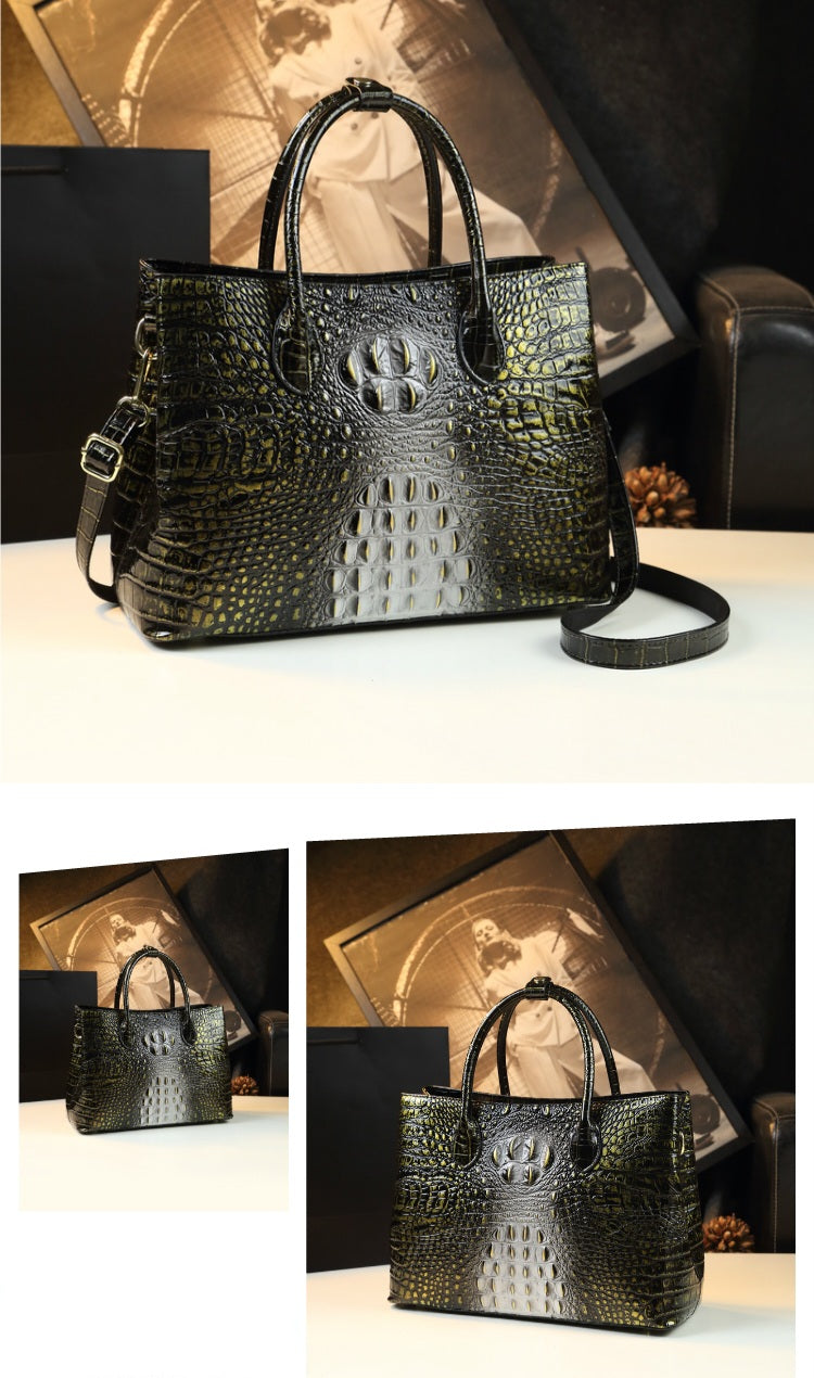 Embossed Genuine Leather w Crocodile Leather Patterns Handbag