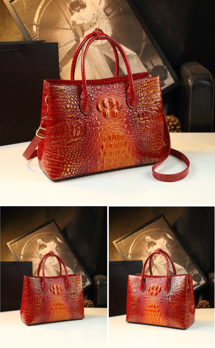 Embossed Genuine Leather w Crocodile Leather Patterns Handbag