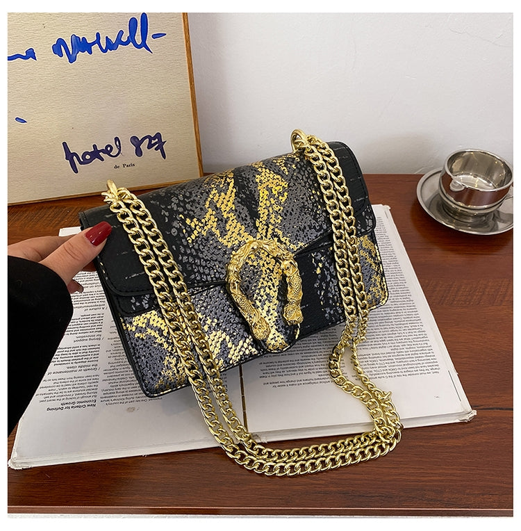 Embossed Snakeskin Vegan-Friendly Leather Shimmer w Tiger Head Closure Crossbody Shoulder Bag