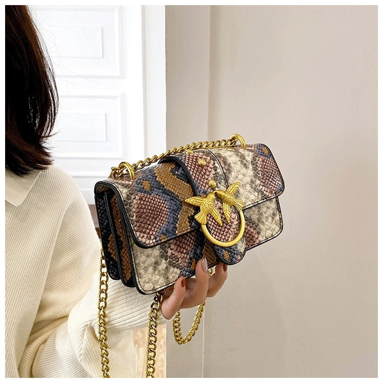 Embossed Python Vegan-Friendly Leather w Love Birds Closure Crossbody Shoulder Bag