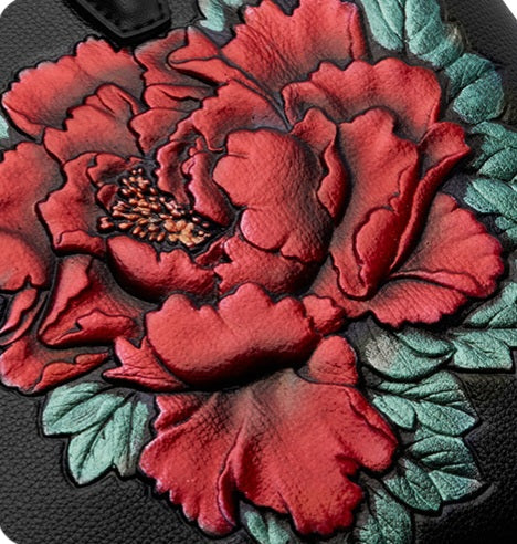 Genuine Leather with Red Peony 3D Design Dual Top Handles Large Handbag