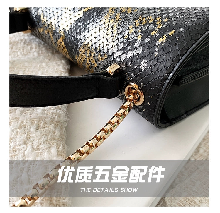 Embossed Snakeskin Vegan-Friendly Leather w Shimmer and Serpent Head Closure Crossbody Handbag