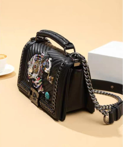 Genuine Leather with Elephant Embroidery Design Chain-Linked Shoulder Bag